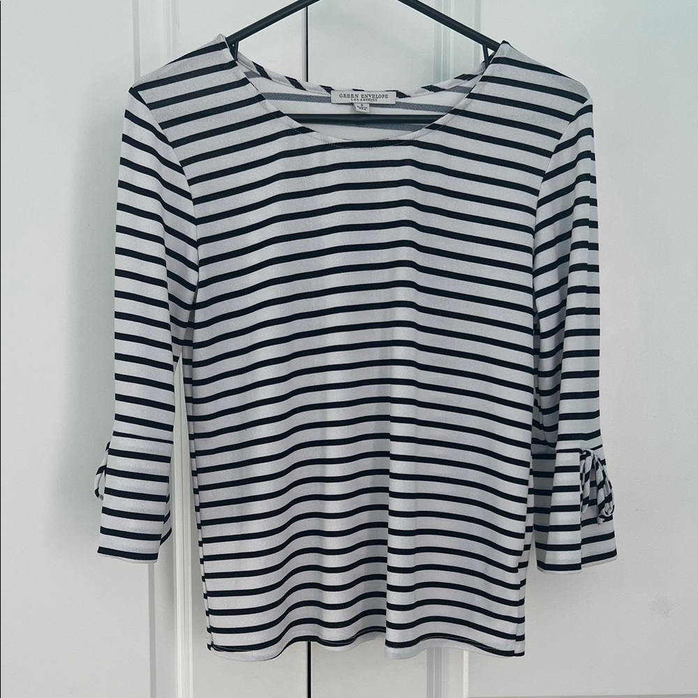 Green Envelope Black and White Striped 3/4 Long Sleeve Top